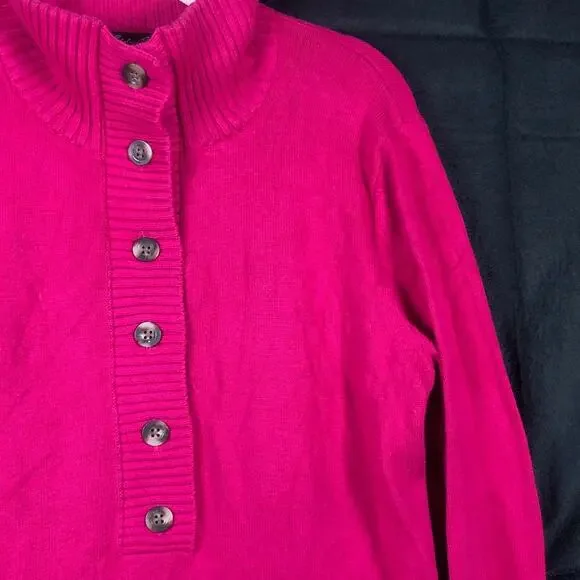 Eddie Bauer Womens Sweater Bright Pink Mock Neck 1/2 Button Long Sleeve Large - Picture 4 of 11